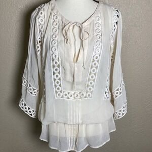 Peace & Pearls Cream Crochet Lace Pintuck Peasant Blouse Top XS Boho Tie Neck